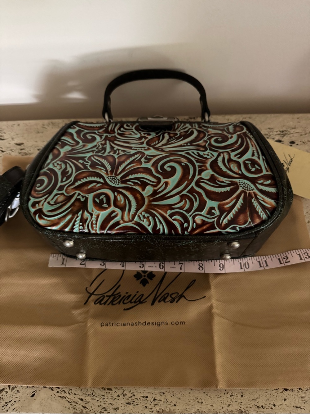 Patricia Nash Gracchi Turquoise Tooled Leather Frame Satchel. MSRP $279 - Picture 11 of 13